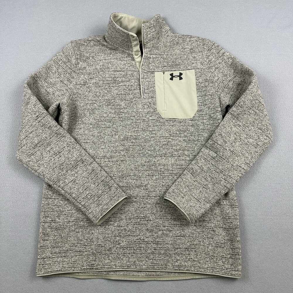 Under Armour Sweater Men Medium Brown Fleece Snap Collar Pullover Pocket M
